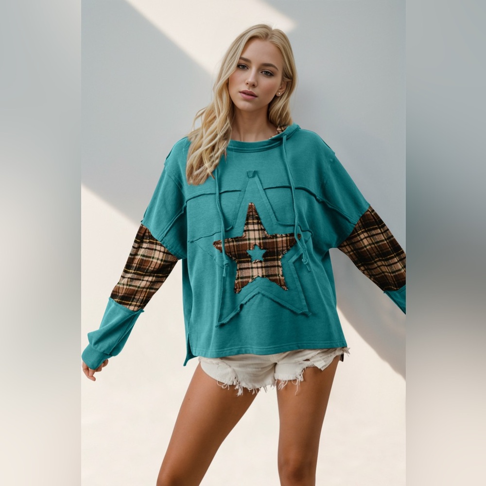 Double Take Drawstring Plaid Star Patch Long Slee… - image 1